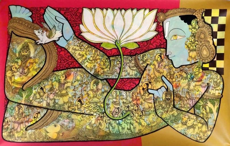 Religious acrylic painting titled 'Lord Vishnu 2', 36x60 inches, by artist Ramesh Gorjala on Canvas