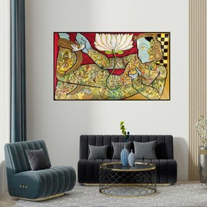Ramesh Gorjala's 'Lord Vishnu 2 (Krishna with Lotus)' painting visualized above a sofa in a contemporary room.