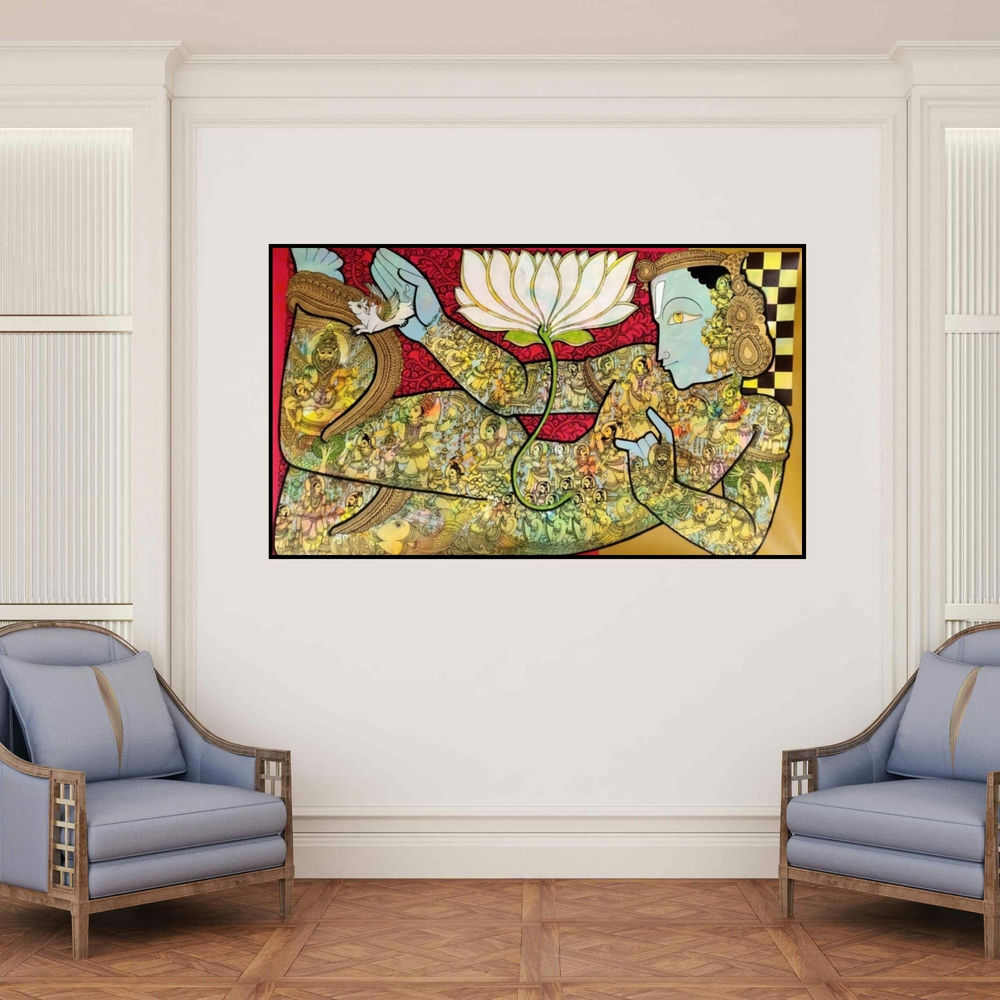 'Lord Vishnu 2 (Krishna with Lotus)' painting by Ramesh Gorjala shown on a wall in a furnished room.