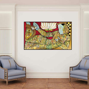 'Lord Vishnu 2 (Krishna with Lotus)' painting by Ramesh Gorjala shown on a wall in a furnished room.
