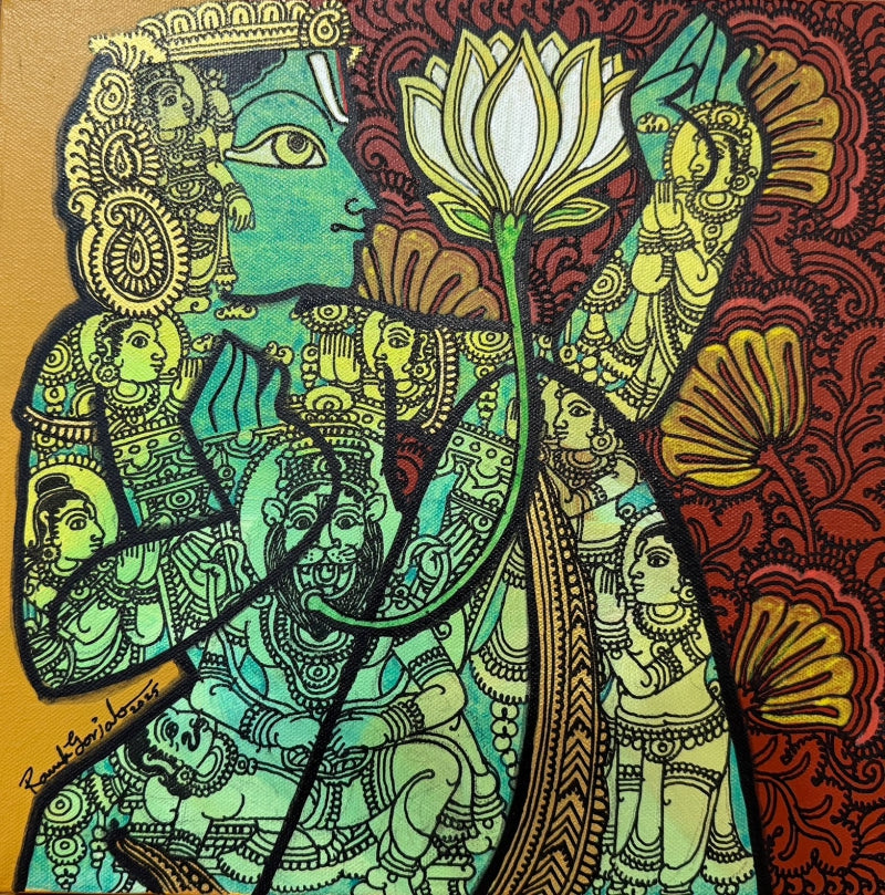 'Lord Vishnu' religious acrylic painting by artist Ramesh Gorjala, 12x12 inch, on canvas