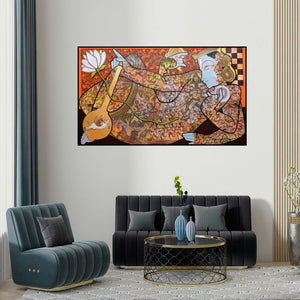 Ramesh Gorjala's 'Lord Vishnu (Krishna, the Divine Musician)' painting visualized above a sofa in a contemporary room.