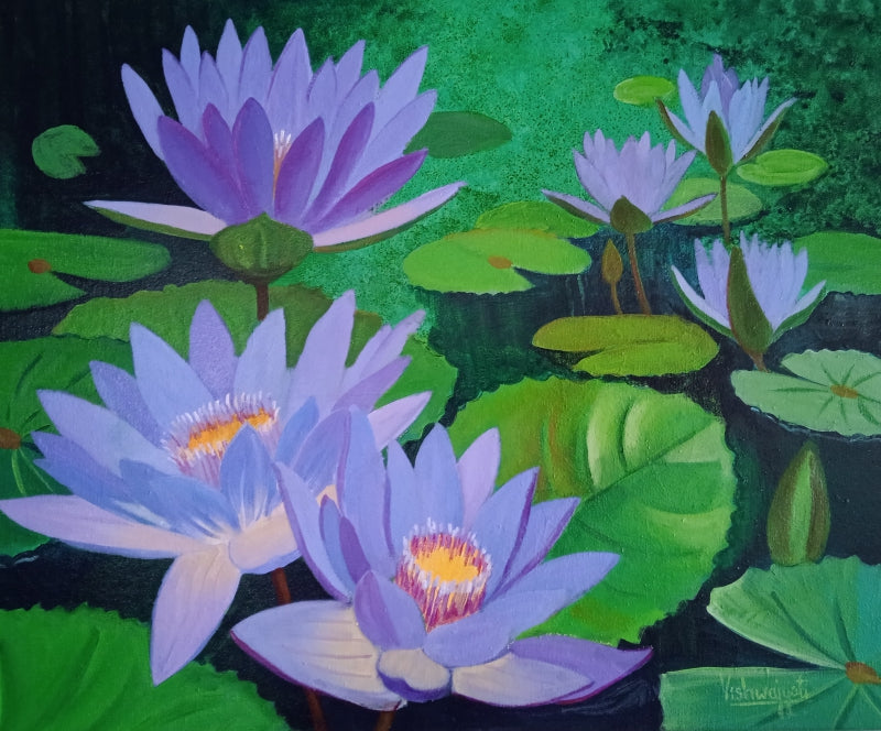'Lotus And Water Lily 2' nature acrylic painting by artist Vishwajyoti Mohrhoff, 20x24 inch, on canvas