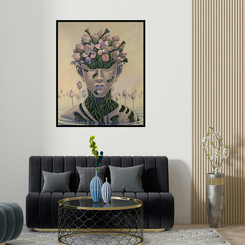 'Lotus' painting by Bijay Biswaal shown on a wall in a furnished room.