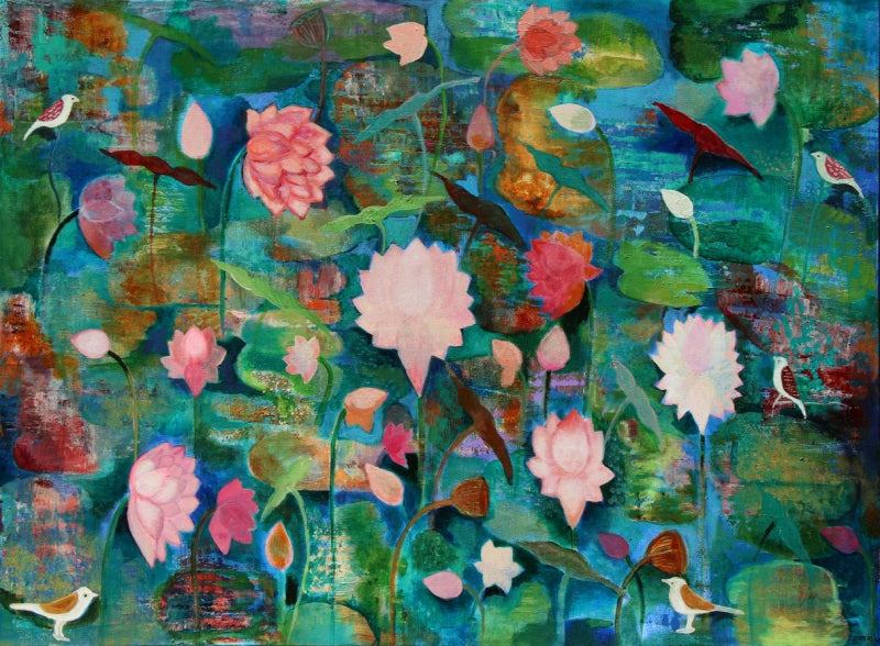 Lotus Bliss' nature acrylic painting by artist Sunayana Malhotra, 36x48 inch, on canvas