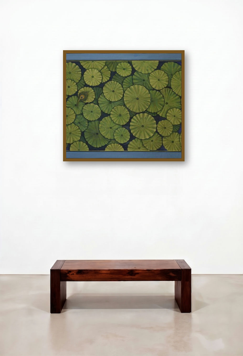 Lotus Leaves Pichwai by artist Pushkar Lohar Pichwai displayed in a Traditional Executive Office