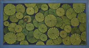 Lotus Leaves Pichwai by Pushkar Lohar Pichwai, Original Mixed Media Nature Painting on Cloth, Medium Horizontal Wall Art