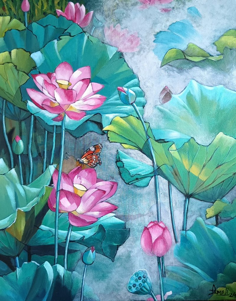 Lotus Pond 1' nature acrylic painting by artist Tamali Das, 30x24 inch, on canvas