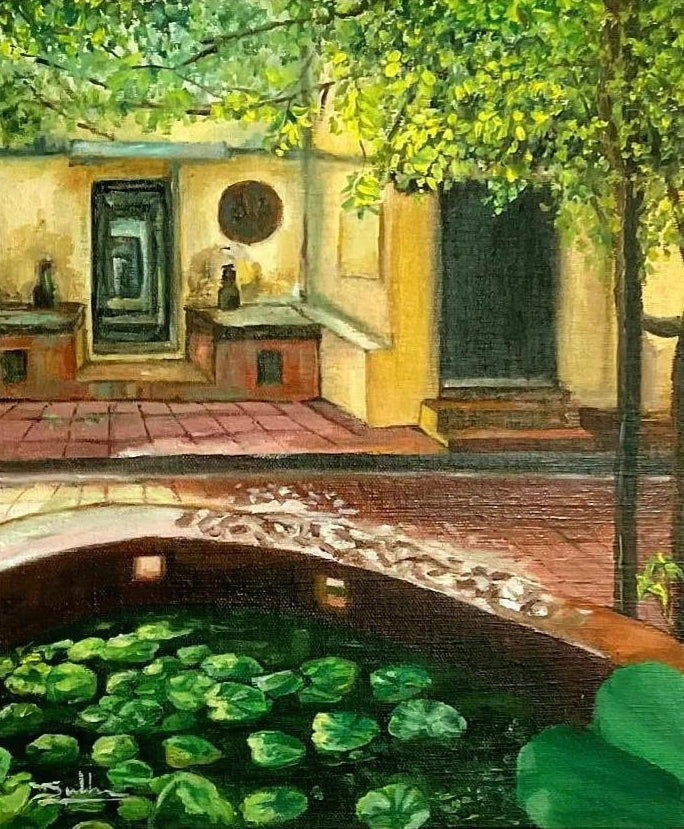 Lotus Pond' landscape oil painting by artist Subhashree Sridhar, 15x13 inch, on canvas