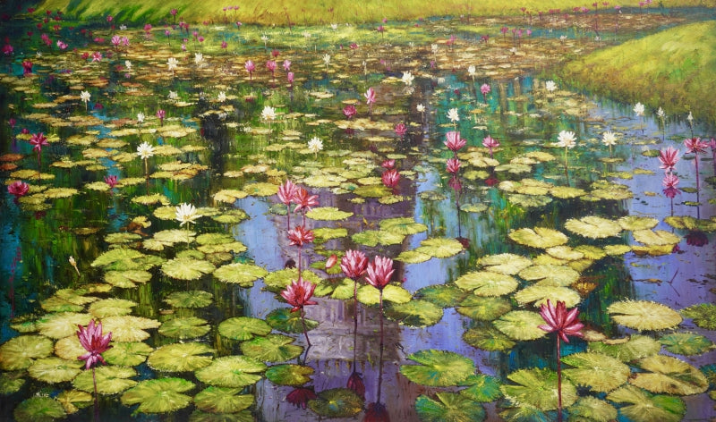 Lotus Pond' nature oil painting by artist Sriram Chinnadurai, 36x60 inch, on canvas