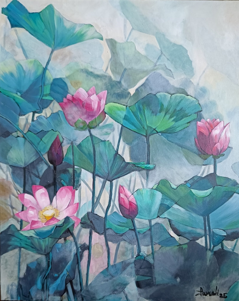 Lotus Pond' nature acrylic painting by artist Tamali Das, 30x24 inch, on canvas