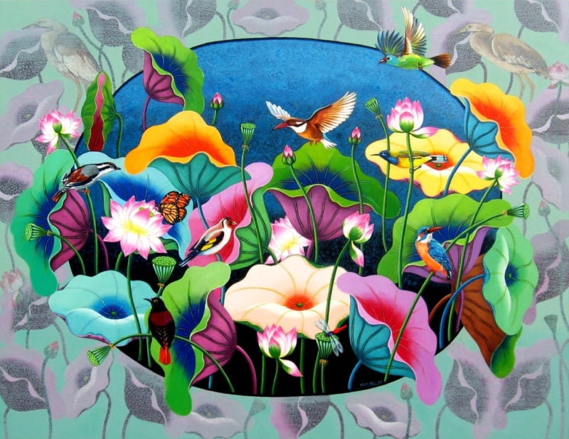 'Lotus Pond 17' nature acrylic painting by artist Nur Ali, 36x47 inch, on canvas