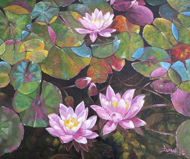 Lotus Pond 2' nature acrylic painting by artist Tamali Das, 26x40 inch, on canvas