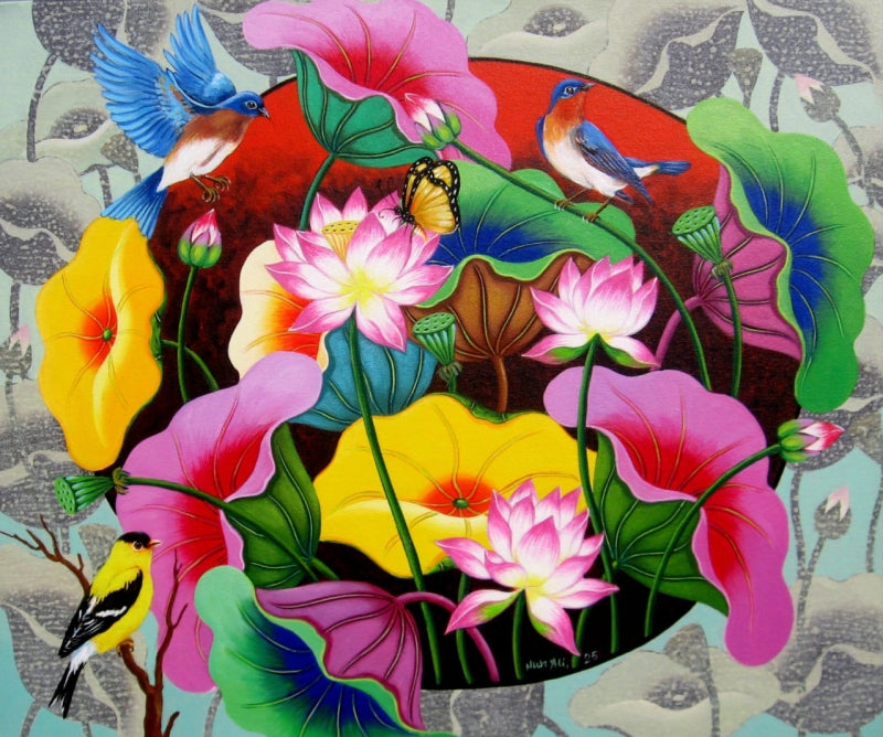 'Lotus Pond 21' nature acrylic painting by artist Nur Ali, 20x24 inch, on canvas