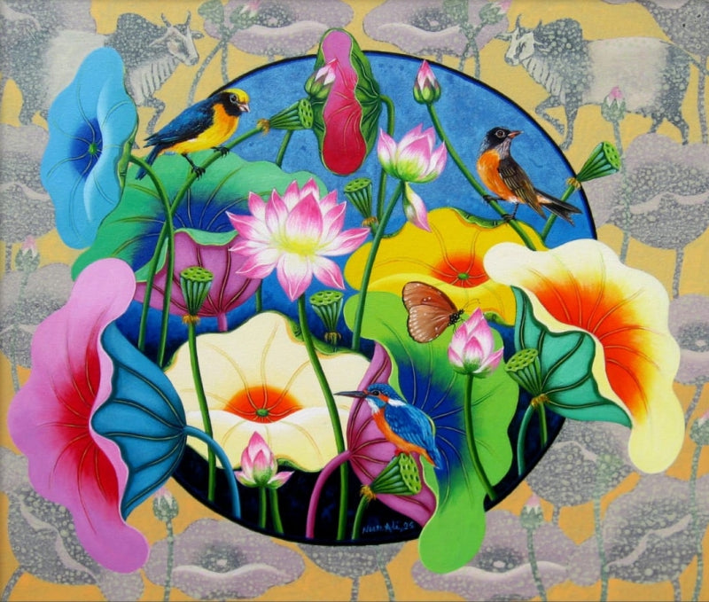 'Lotus Pond 22' nature acrylic painting by artist Nur Ali, 20x24 inch, on canvas