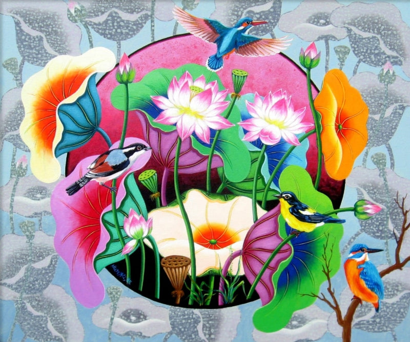 'Lotus Pond 25' nature acrylic painting by artist Nur Ali, 20x24 inch, on canvas