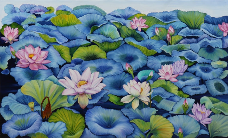 Lotus Pond 28' nature oil painting by artist Sulakshana Dharmadhikari, 36x60 inch, on canvas
