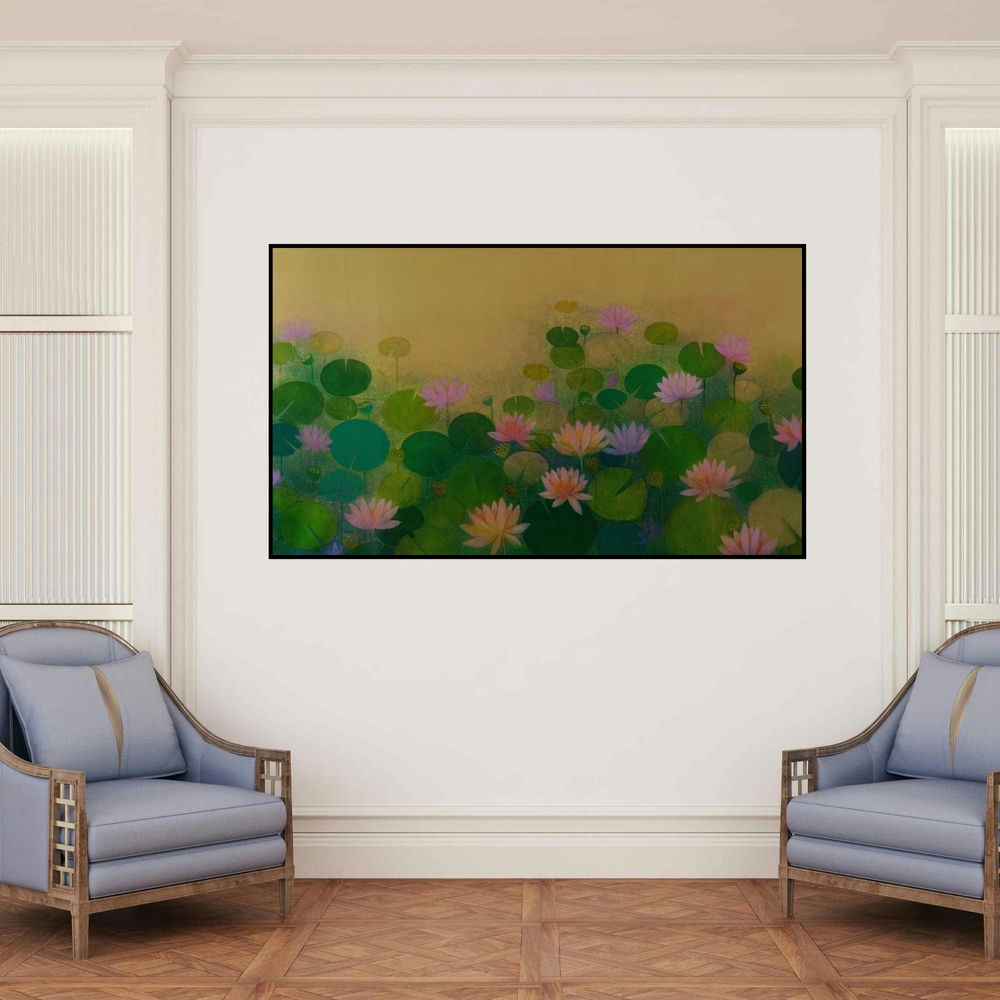 'Lotus Pond 3 (A Tranquil Oasis)' painting by Ranjith Patil shown on a wall in a furnished room.