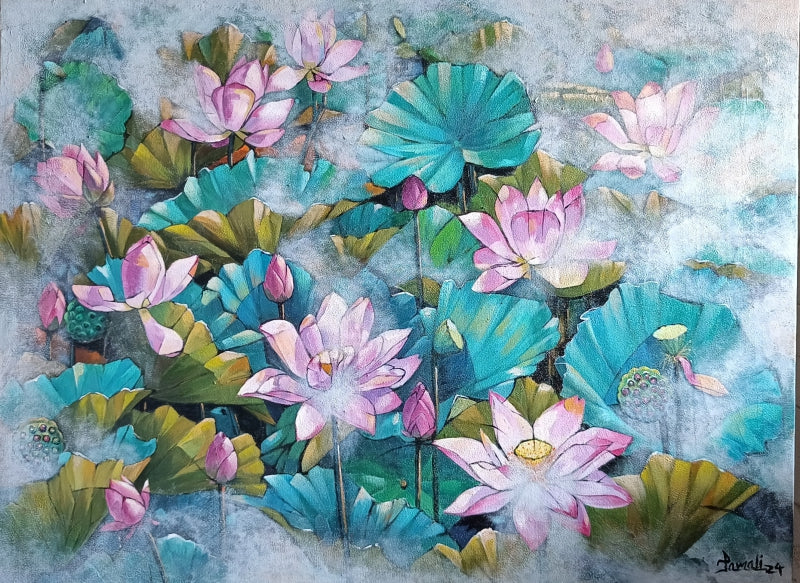 Lotus Pond 3' nature acrylic painting by artist Tamali Das, 30x40 inch, on canvas