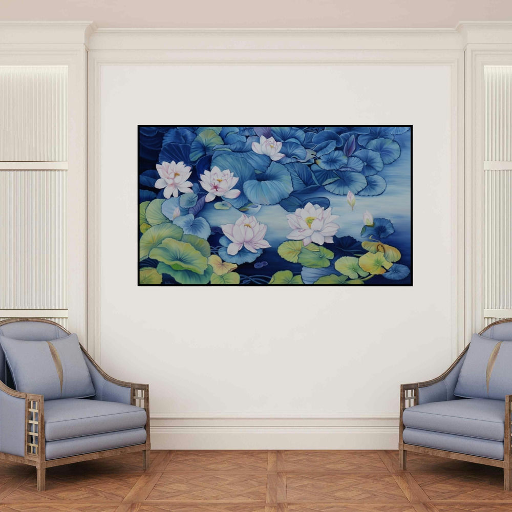 'Lotus Pond 36 (Serene Lotus Pond)' painting by Sulakshana Dharmadhikari shown on a wall in a furnished room.
