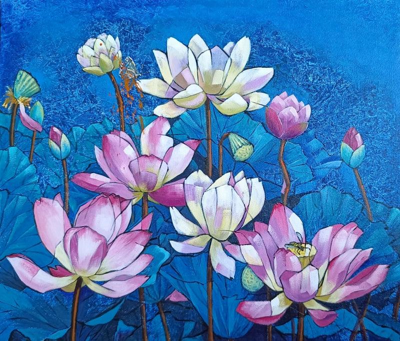 Lotus Pond (Serene Lotus Pond) by Tamali Das, Original Acrylic Nature Painting on Canvas, Medium Horizontal Wall Art