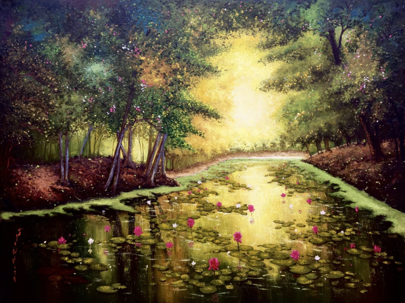 Lotus On River' nature oil painting by artist Sriram Chinnadurai, 36x48 inch, on canvas