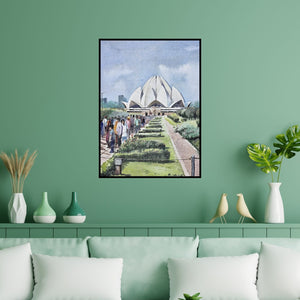 Preview of 'Lotus Temple (Lotus Temple Serenity)' Painting by Ranabir Saha shown on a wall in a furnished room.