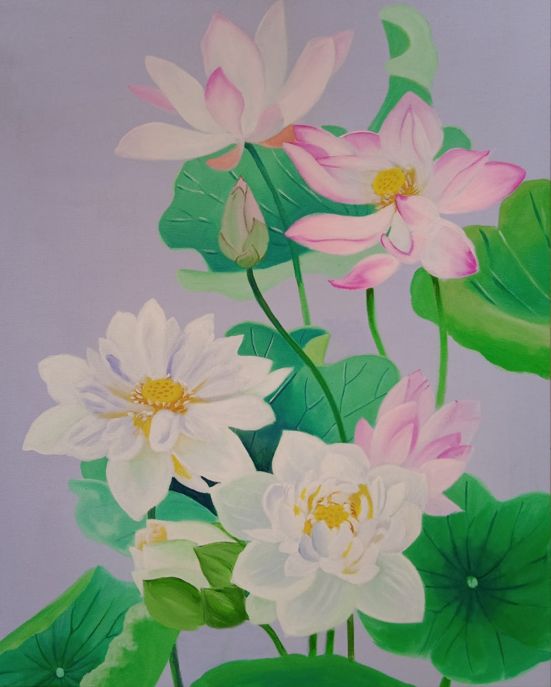 'Lotuses 1' nature acrylic painting by artist Vishwajyoti Mohrhoff, 30x23 inch, on canvas