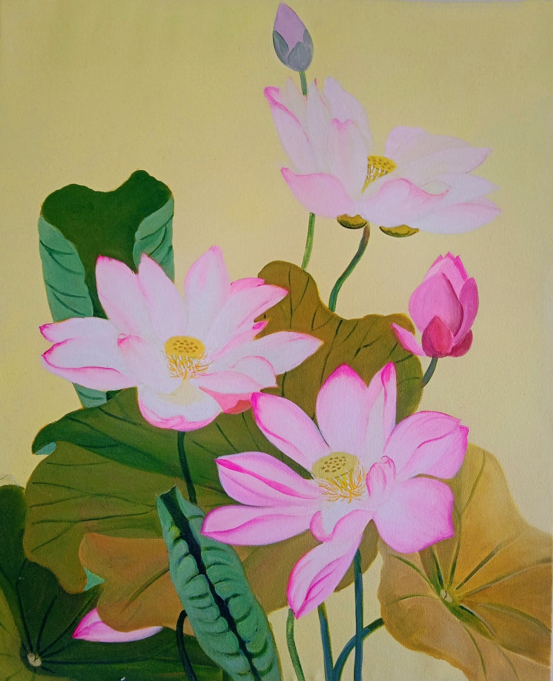'Lotuses 2' nature acrylic painting by artist Vishwajyoti Mohrhoff, 30x24 inch, on canvas