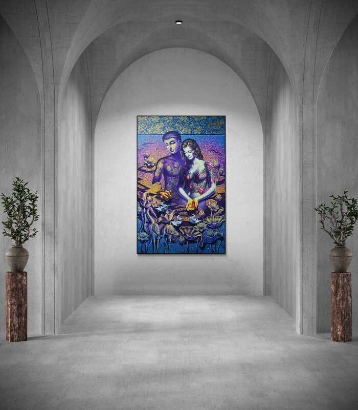 In-situ view of Prashanta Nayak's 'In Love 2 (Whispers of Love)' painting in a room