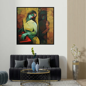 Deepa Vedpathak's 'Love' painting visualized above a sofa in a contemporary room.