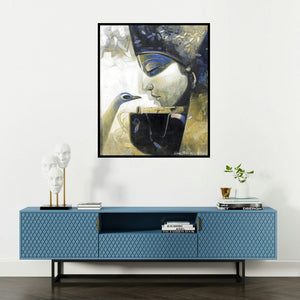 Jiban Biswas's 'Love (Divine Harmony)' painting visualized above a sofa in a contemporary room.