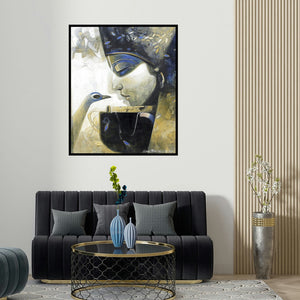 'Love (Divine Harmony)' painting by Jiban Biswas shown on a wall in a furnished room.