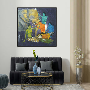 Sujit Giram's 'Love (Elephant and Women)' painting visualized above a sofa in a contemporary room.