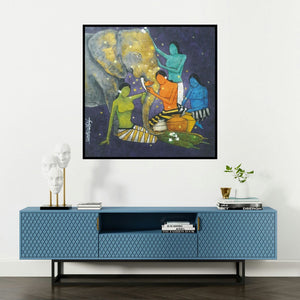 'Love (Elephant and Women)' painting by Sujit Giram shown on a wall in a furnished room.