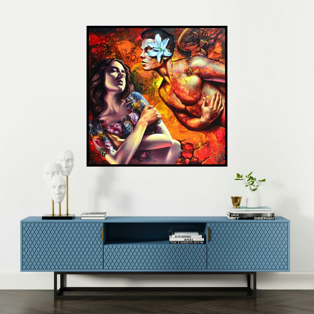 'Love (Submerged Serenity)' painting by Prashanta Nayak shown on a wall in a furnished room.
