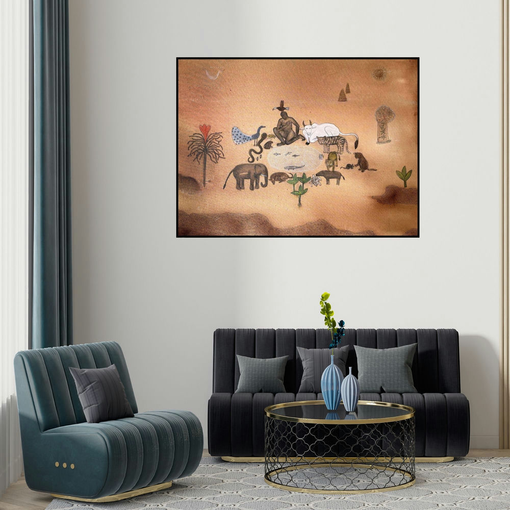 'Love (Cosmic Harmony)' painting by Santosh Pattar shown on a wall in a furnished room.