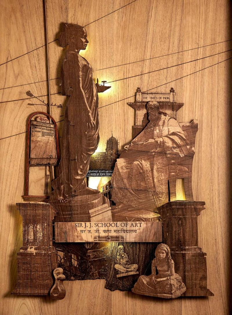 Cityscape sculpture titled 'Love Affair With Color', 38x27x4 inches, by artist Shriram Mandale on Teak Wood