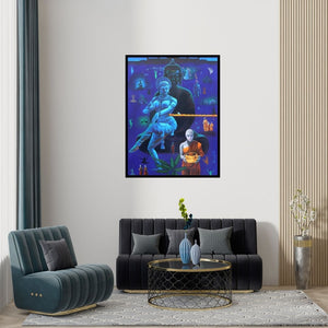 Preview of 'Love Of Amrpaali 2020 (Cosmic Dance of Divinity)' Painting by Rawindra Das shown on a wall in a furnished room.