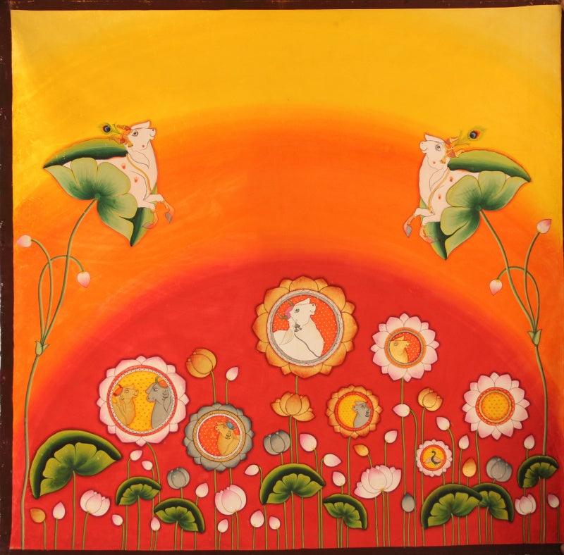 Animals pichwai traditional art titled 'Love And Life For Krishna Pichwai Painti', 48x48 inches, by artist Yugdeepak Soni on Cloth