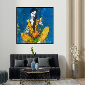 Mukesh Salvi's 'Love With Birds' painting visualized above a sofa in a contemporary room.