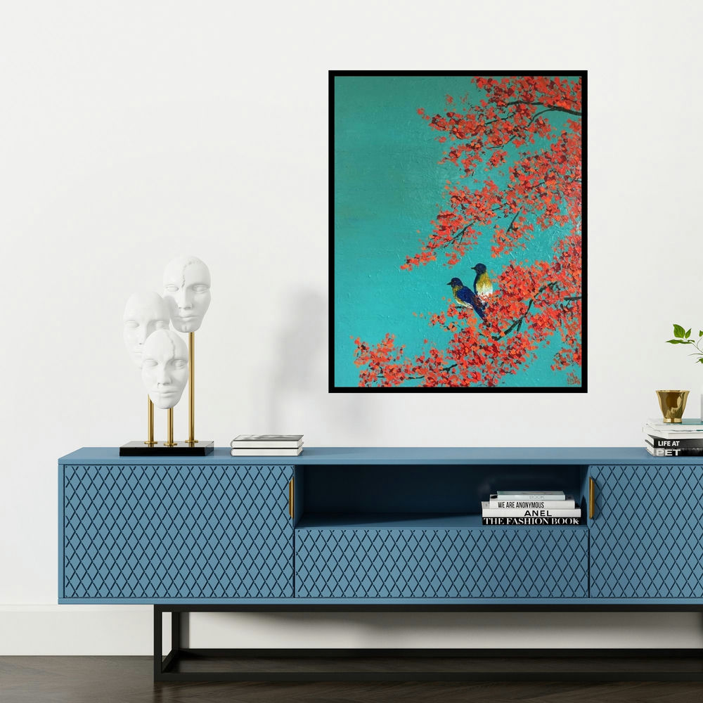 'Love Birds (A Moment of Tranquility)' painting by Shilpi Singh Patel shown on a wall in a furnished room.