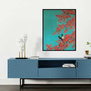 'Love Birds (A Moment of Tranquility)' painting by Shilpi Singh Patel shown on a wall in a furnished room.