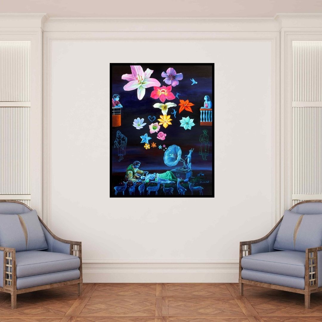 In-situ view of Rawindra Das's 'Love In Corona Time 2020 (Night Bloom)' painting in a room