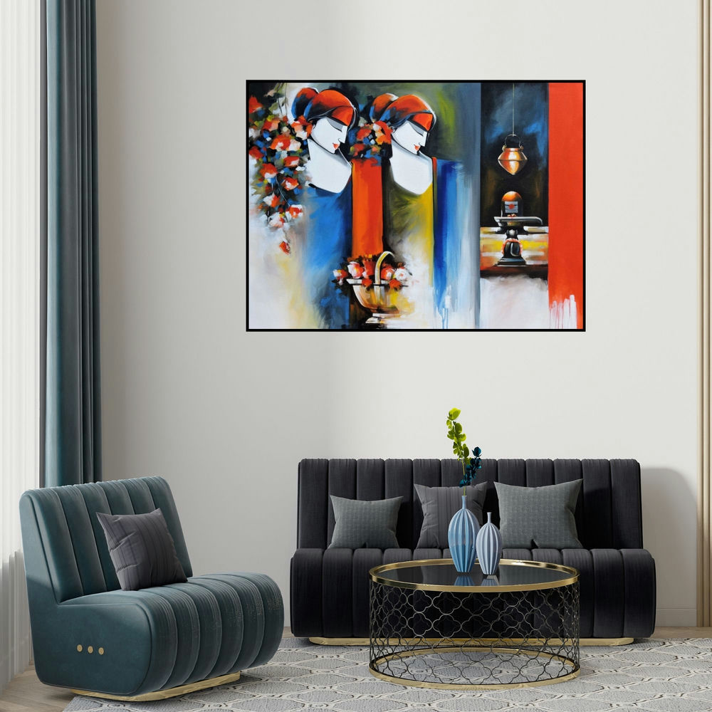 'Love Of God (Offering to Shiva)' painting by Pradeesh K Raman shown on a wall in a furnished room.
