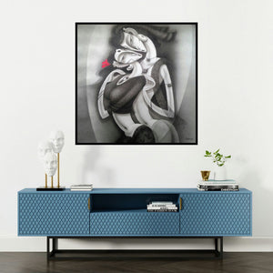 'Love Ii (Embrace of Harmony)' painting by Ramesh Pachpande shown on a wall in a furnished room.