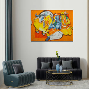 Uttam Manna's 'Love Of Indigenous 2 (Radha Krishna with Cows)' painting visualized above a sofa in a contemporary room.