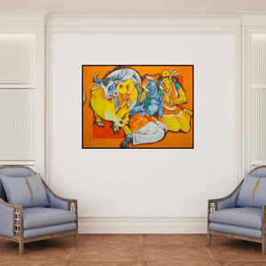 'Love Of Indigenous 2 (Radha Krishna with Cows)' painting by Uttam Manna shown on a wall in a furnished room.