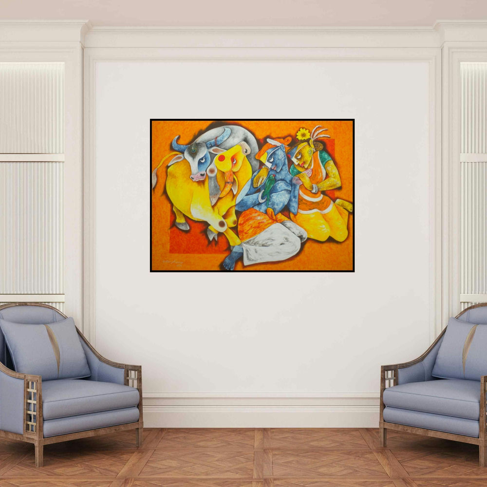 'Love Of Indigenous 2 (Radha Krishna with Cows)' painting by Uttam Manna shown on a wall in a furnished room.