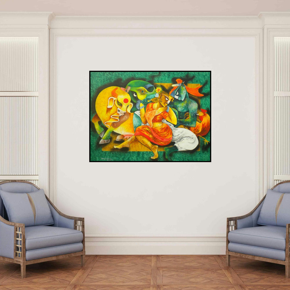 'Love Of Indigenous (Divine Love)' painting by Uttam Manna shown on a wall in a furnished room.